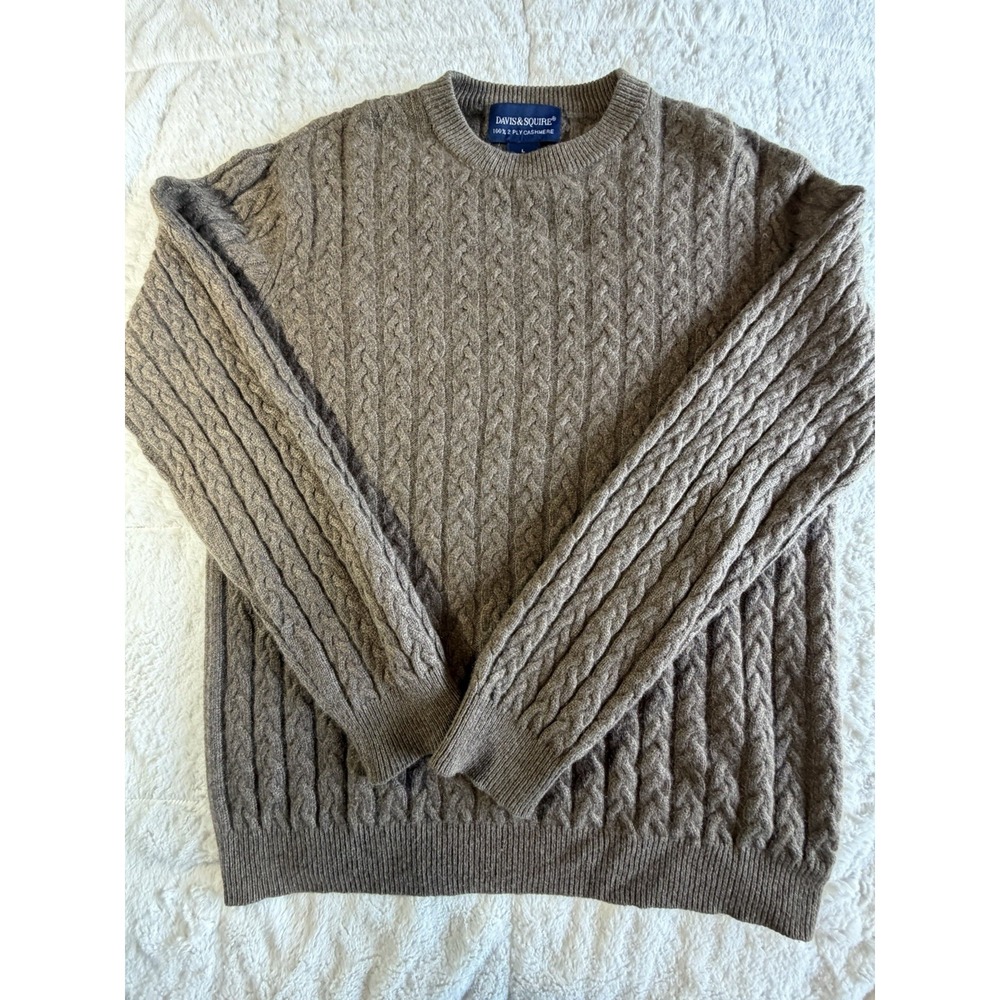 Davis & Squire Cashmere Sweater Womens Large Taupe Luxury Cable Knit Crewneck